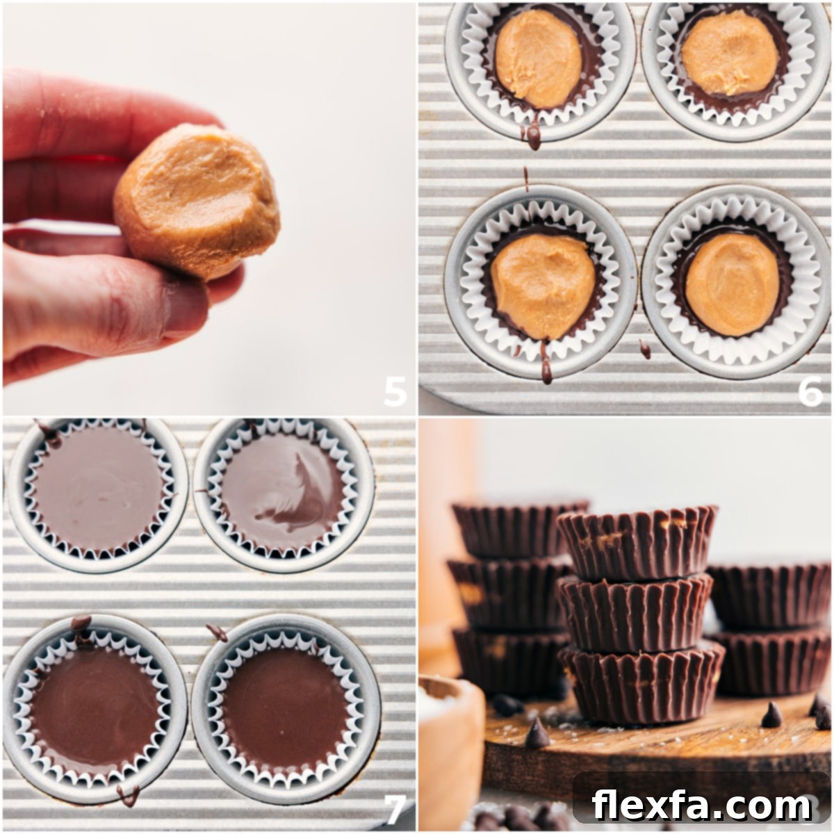 Adding the chocolate to each liner and then layering in the peanut butter layer and topping with chocolate.