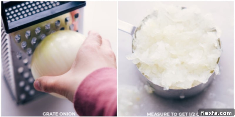 Fresh onions being finely grated, preparing them for the recipe.
