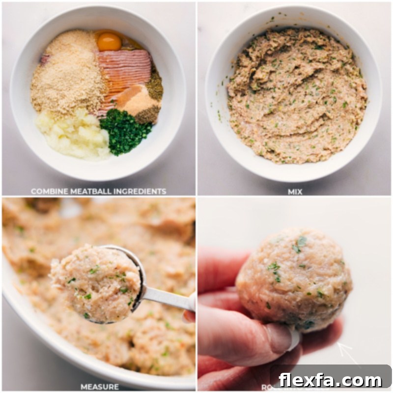 Combining ingredients; rolling the mixture into uniform meatballs for the turkey meatball recipe.