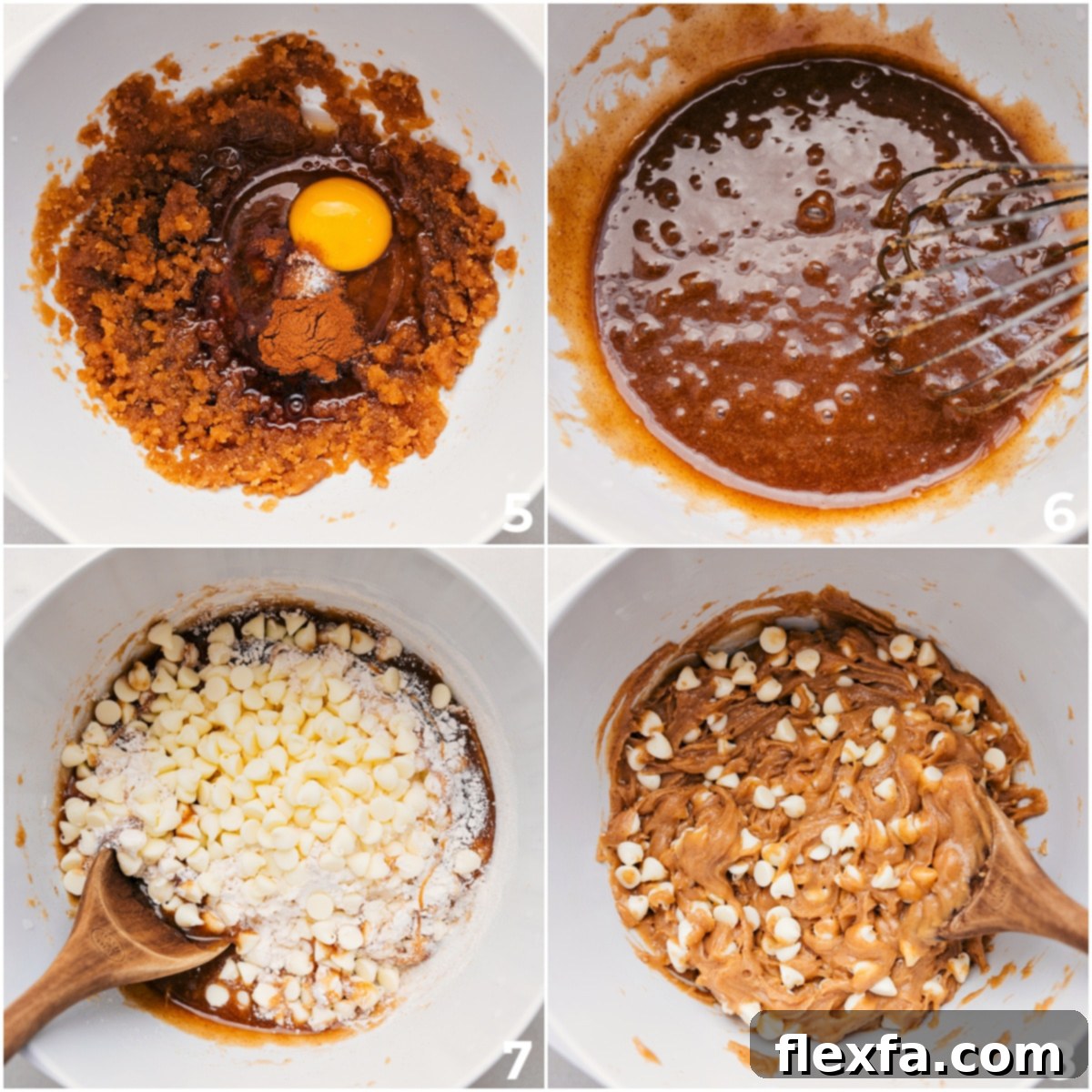 Add the remaining ingredients to the bowl, including the spices, egg, flour, and chocolate chips, and mix everything together.