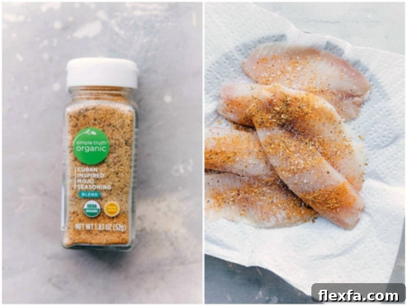 A container of Cuban-inspired mojo seasoning, a key ingredient used in this blackened tilapia recipe, adding a burst of flavor and zest to the dish.
