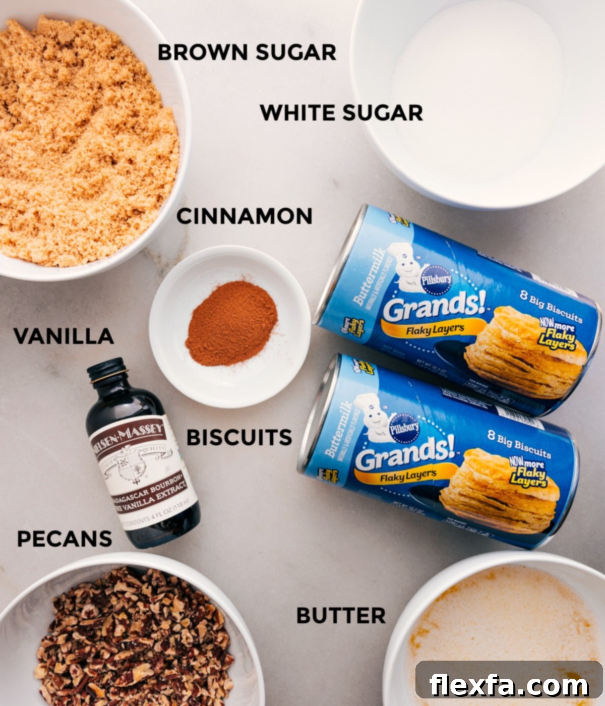 Ingredients In Monkey Bread Recipe All the essential ingredients for this classic Monkey Bread recipe laid out and prepped for easy assembly: granulated sugar, ground cinnamon, canned flaky jumbo biscuits, light brown sugar, vanilla extract, chopped pecans, and unsalted butter.