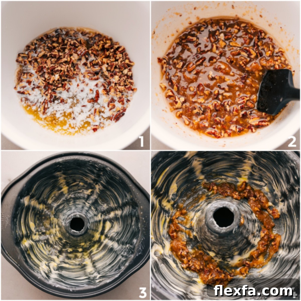 Layering Pecan and Brown Sugar Topping with Cinnamon-Sugar Covered Biscuits The careful process of layering: a blend of pecans, brown sugar, and melted butter forms the base in a generously greased Bundt pan, followed by the cinnamon-sugar coated biscuit pieces arranged on top.