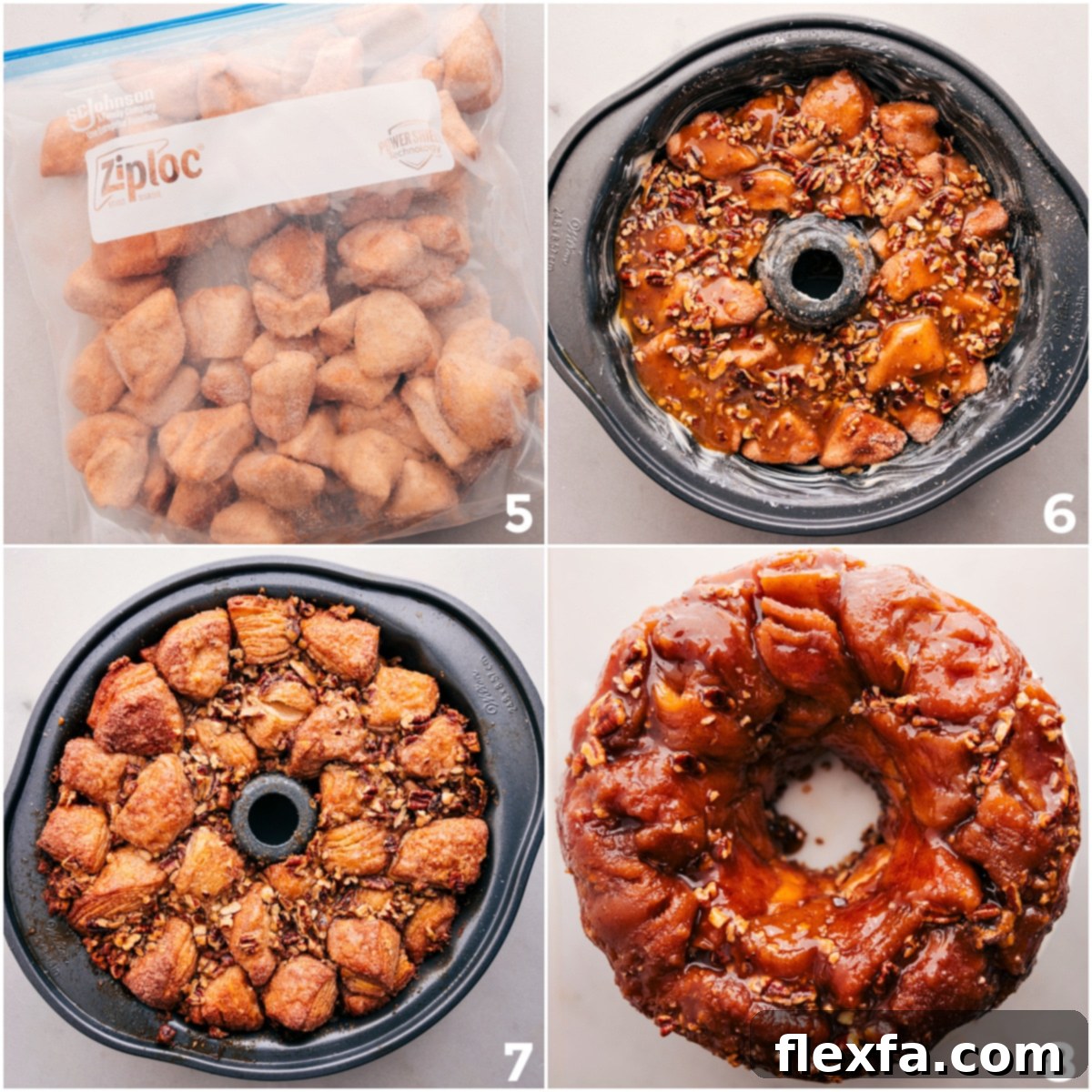 Freshly Baked Monkey Bread with Sugar and Pecans on Top Freshly baked Monkey Bread, perfectly golden brown, topped with glistening sugar and pecans, cooling on a rack after being inverted from the bundt pan.