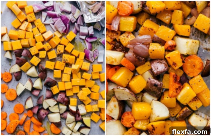 Assorted fresh vegetables, including butternut squash, carrots, and onions, roasting on a sheet pan for enhanced flavor.
