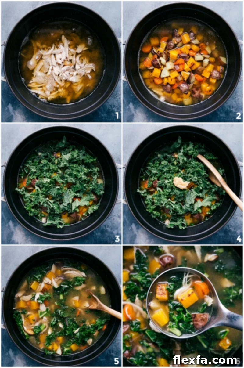 Various healthy ingredients cooking together in a large pot on the stove, creating a comforting chicken vegetable soup.