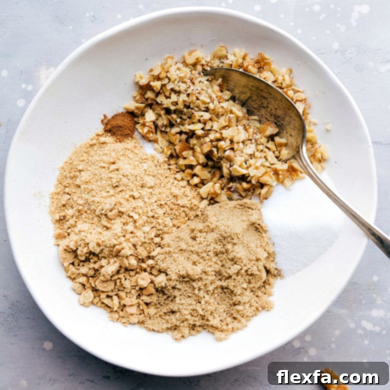 Preparing the brown sugar and walnut topping, a mouthwatering addition to the dessert, adding a sweet and crunchy finish.