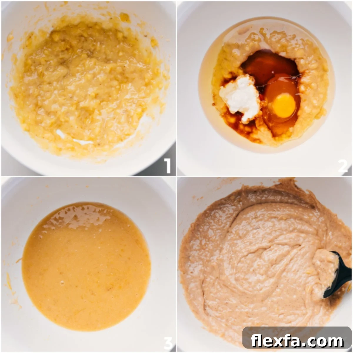 Step-by-Step Guide: How to Make Healthy Banana Muffins The process of preparing healthy banana muffin batter: mashing ripe bananas in a bowl, followed by mixing in the remaining wet ingredients until well combined.