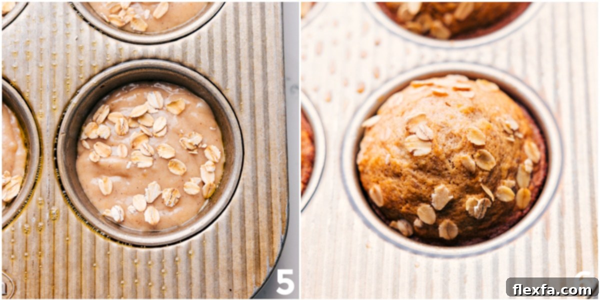 Golden Perfection: Baked Healthy Banana Muffins Freshly baked healthy banana muffins, golden brown and perfectly risen, topped with a delicate sprinkle of oats, showcasing their wholesome appeal.
