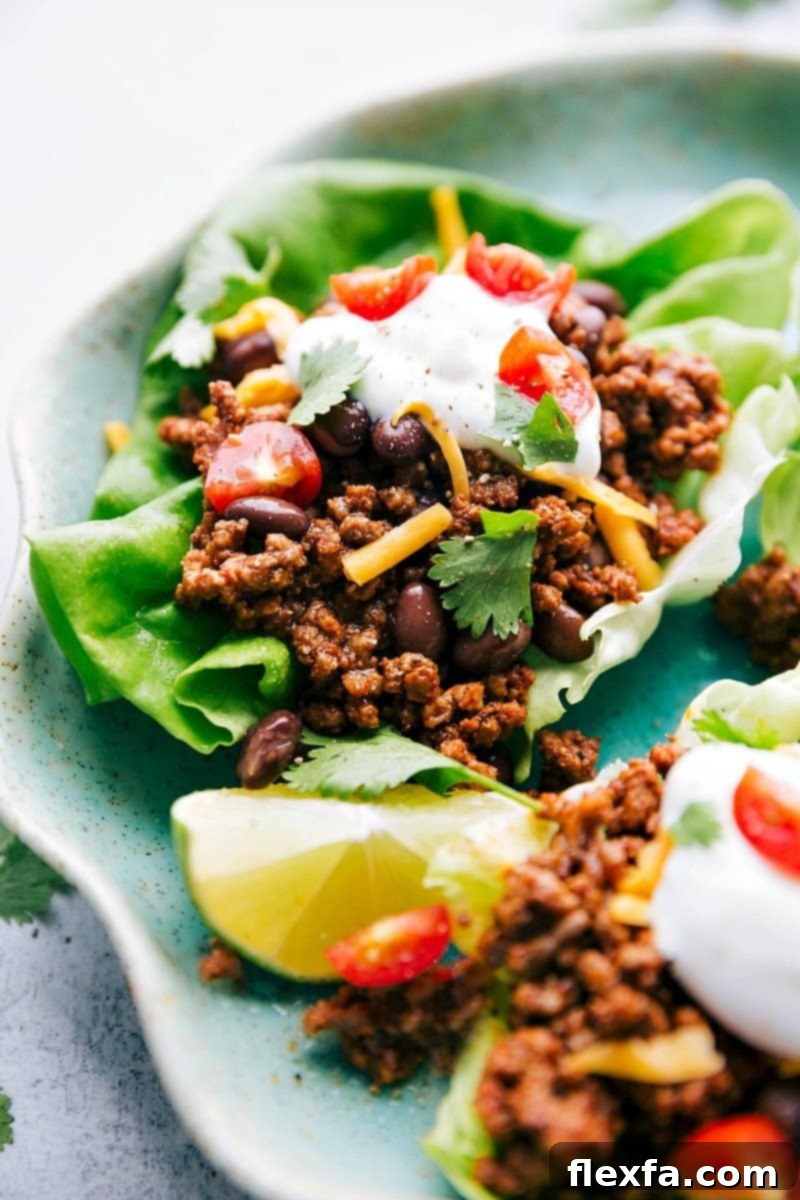 Ready-to-eat taco lettuce wraps on a plate, offering a healthy twist on a classic favorite meal.
