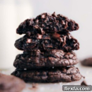 Stack of rich, fudgy chocolate cookies with two kinds of chocolate and sea salt.