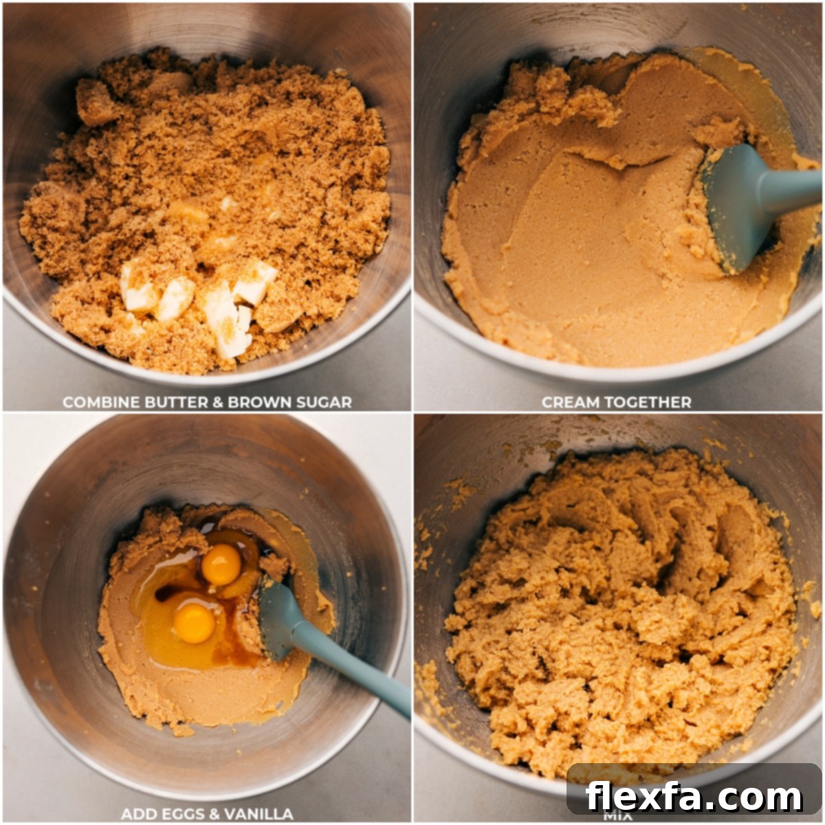 Cold butter, brown sugar, eggs, and vanilla being creamed together in a stand mixer, demonstrating a key step in making these delicious chocolate cookies.