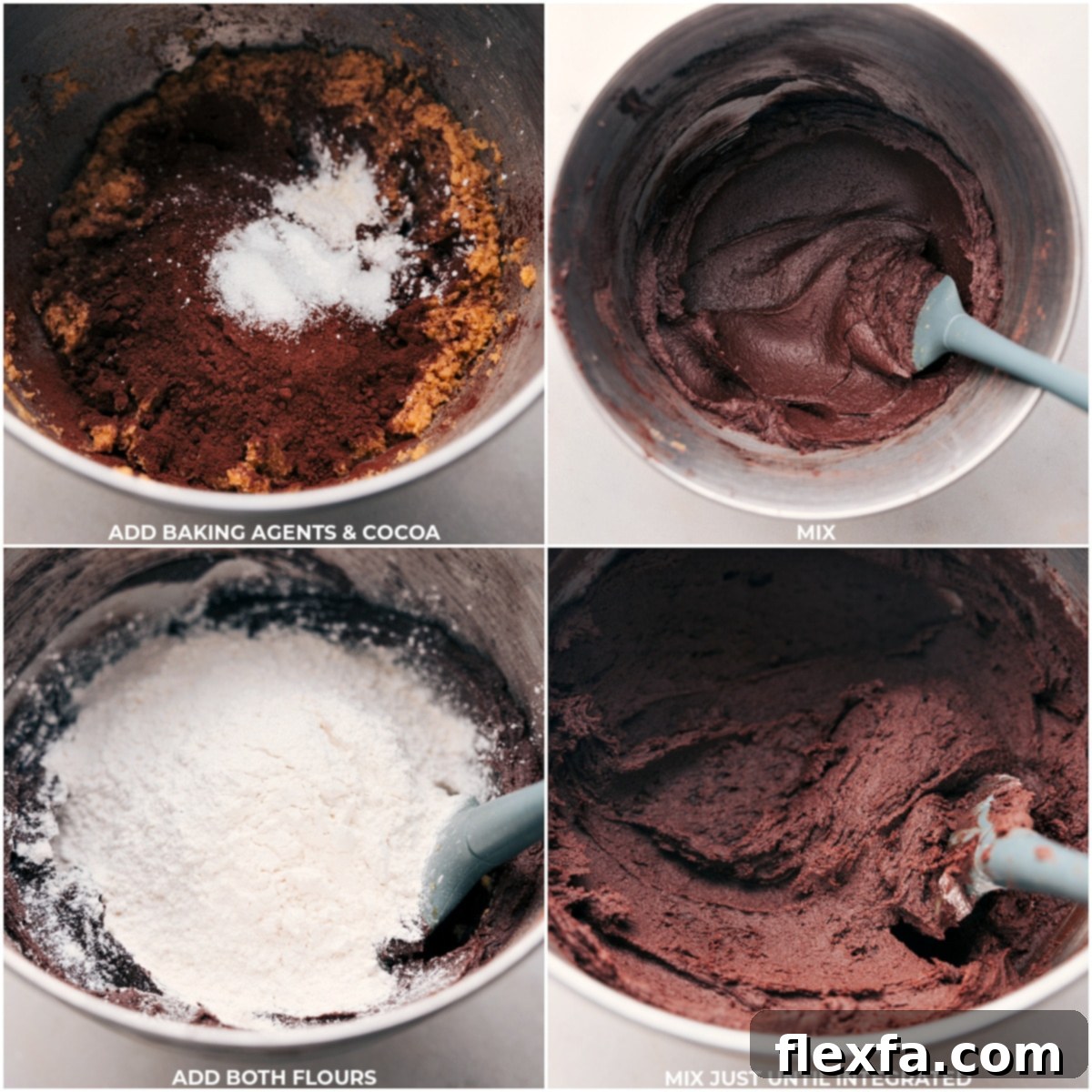 Baking agents, cocoa powder, and both types of flours being creamed together for the chocolate cookie dough.