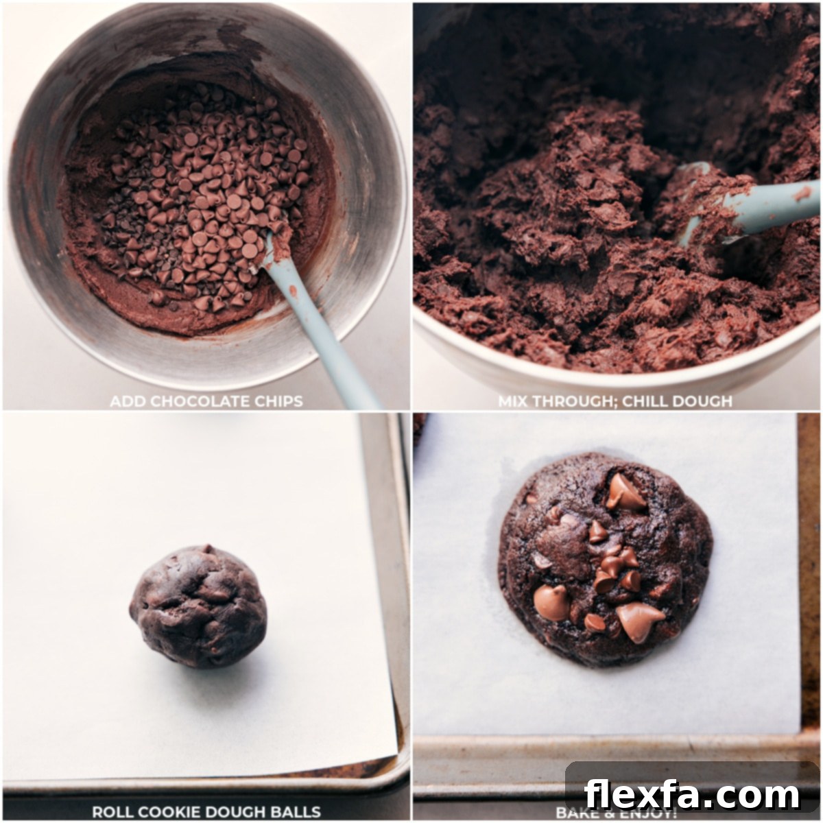 Chocolate chips being generously mixed through chocolate cookie dough, and a batch of freshly baked, warm chocolate cookies.