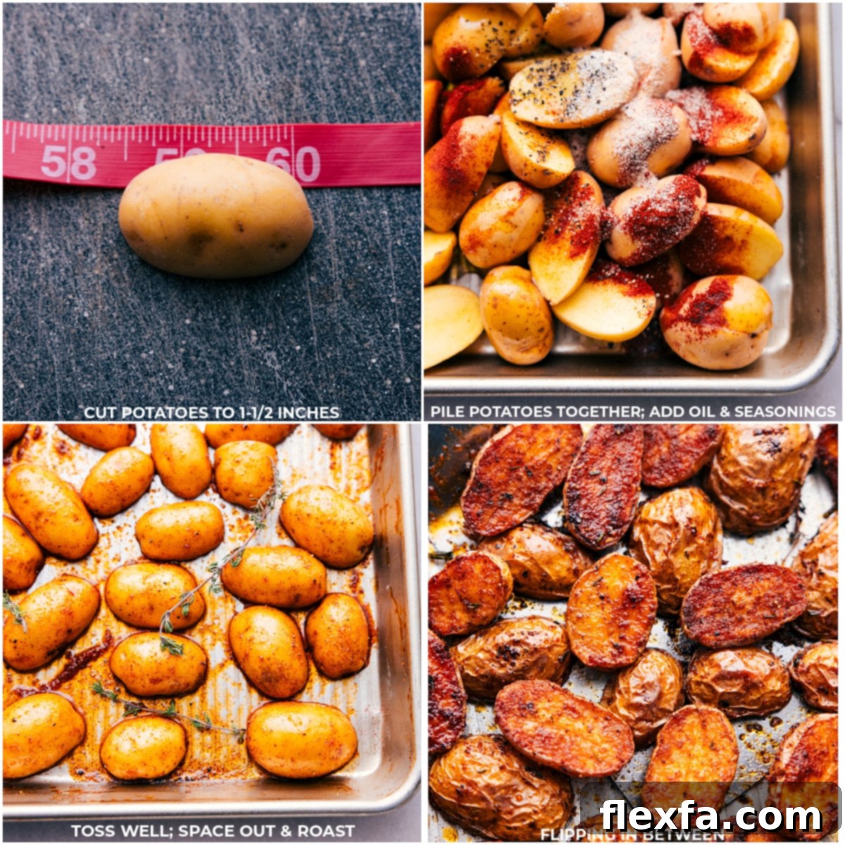 Cutting potatoes, tossing them with oil and seasonings, and baking them to crispy perfection in an oven.