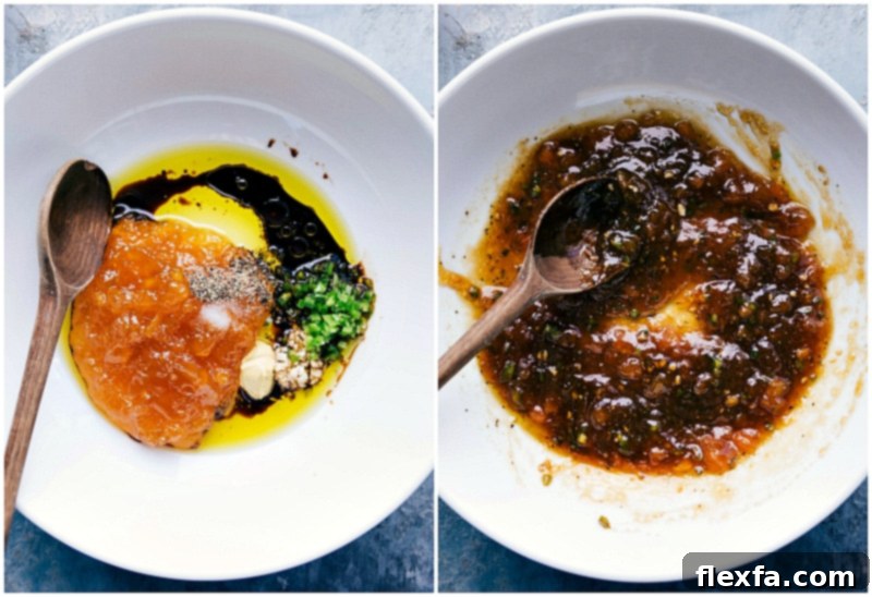 All essential ingredients for the peach glaze are being meticulously combined in a clear bowl, creating a rich, glossy, and perfectly mixed coating for the chicken.