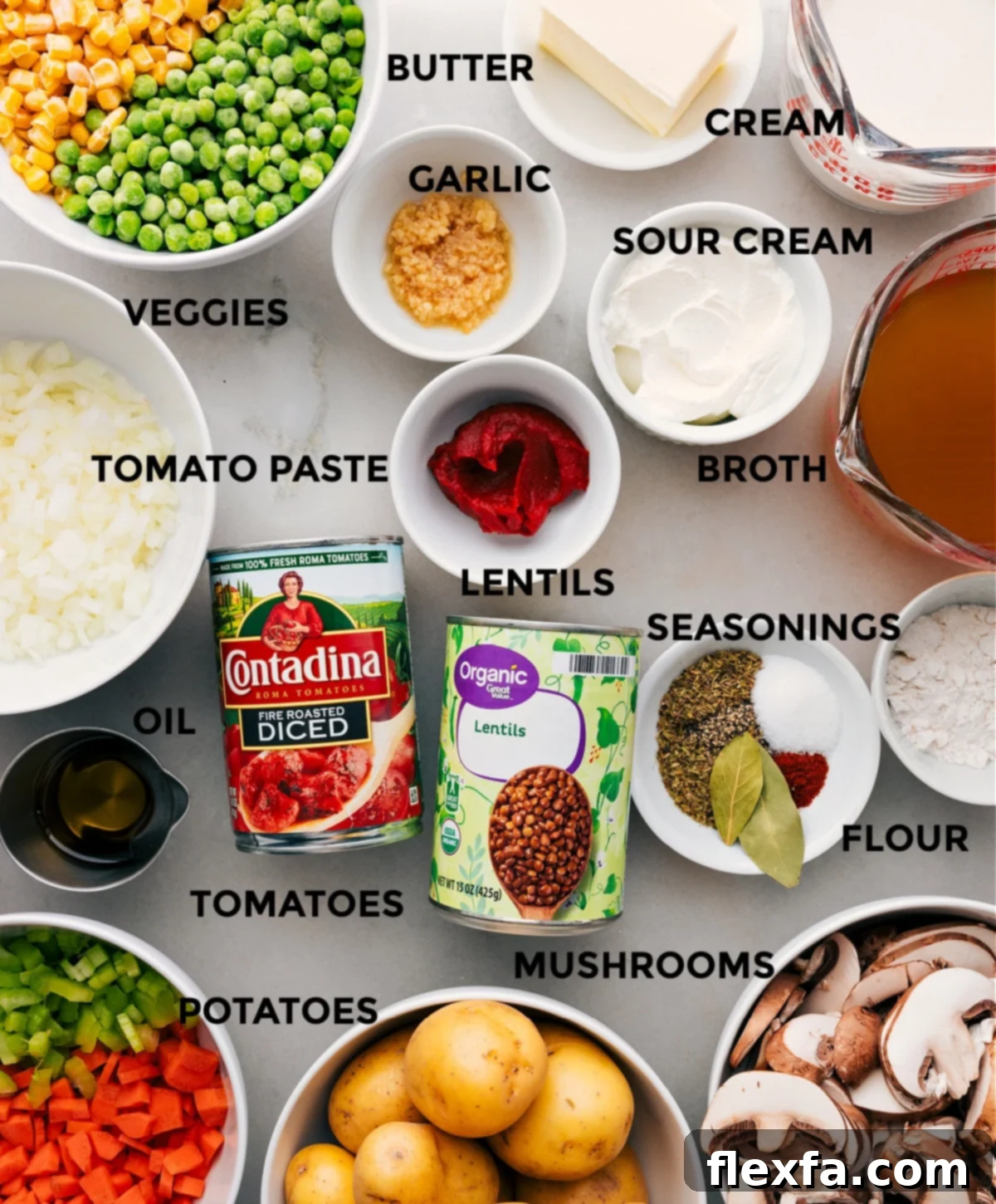 Close-up of the rich and flavorful vegetable and lentil filling for Vegetarian Shepherd's Pie before being topped with mashed potatoes.