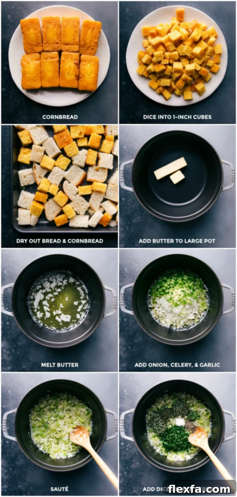 Cubes of cornbread and sourdough bread drying on a baking tray, alongside a pan where butter, herbs, and vegetables are being sautéed for the dressing mixture.