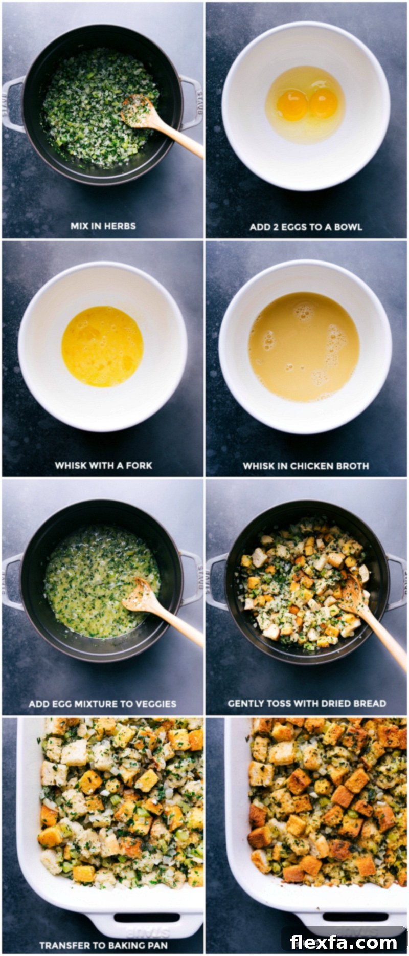 Various ingredients being combined and mixed in a large bowl, then poured into a prepared baking pan, ready to be baked into cornbread dressing.