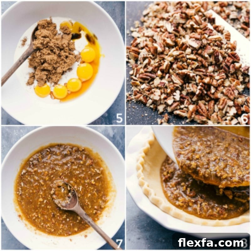Making the pie filling, mixing wet ingredients, adding pecans, and pouring into the prepared pie pan to make the delicious pecan pie recipe.