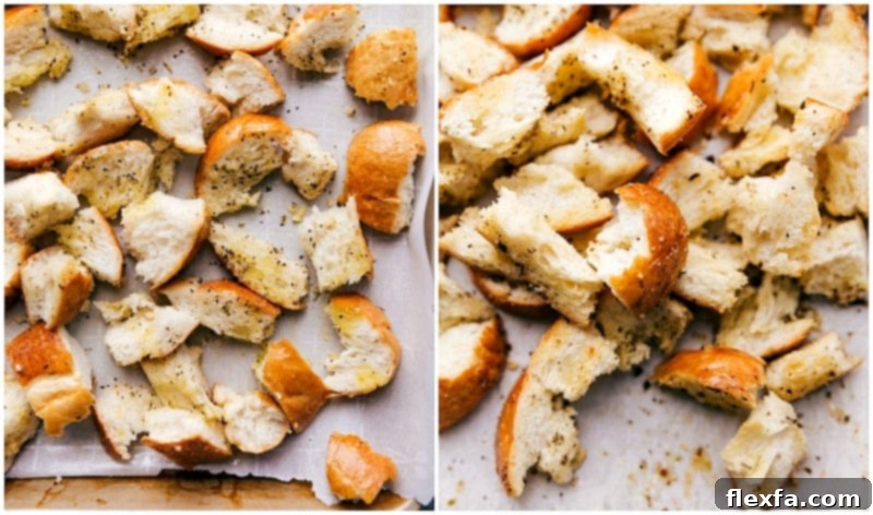 Homemade Croutons Being Made as a Flavor-Packed Addition Beautifully golden and crisp homemade croutons, made from day-old bread, olive oil, butter, garlic, and Italian seasoning, prepared on a baking sheet.