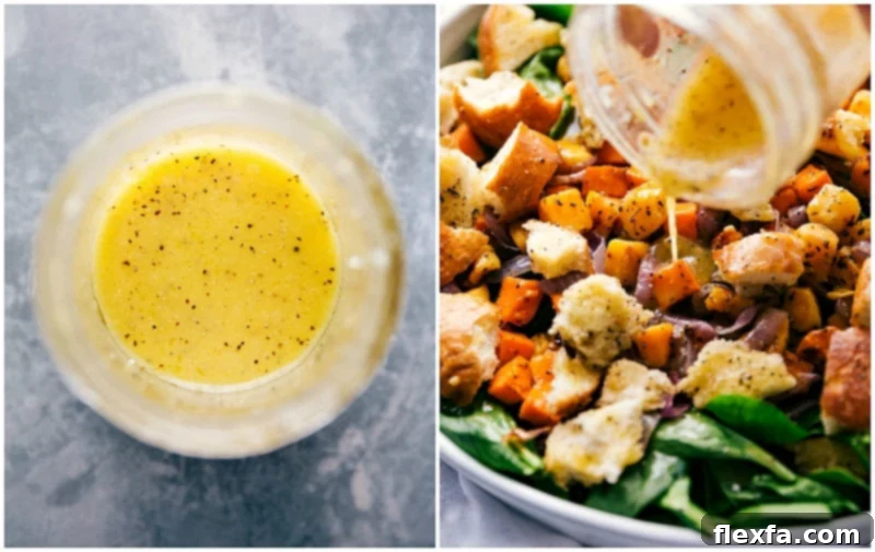 Pouring Zesty Lemon-Honey Vinaigrette on Roasted Veggie Salad A stream of golden lemon-honey vinaigrette being elegantly poured over a vibrant and freshly tossed roasted veggie salad, enhancing its appeal.