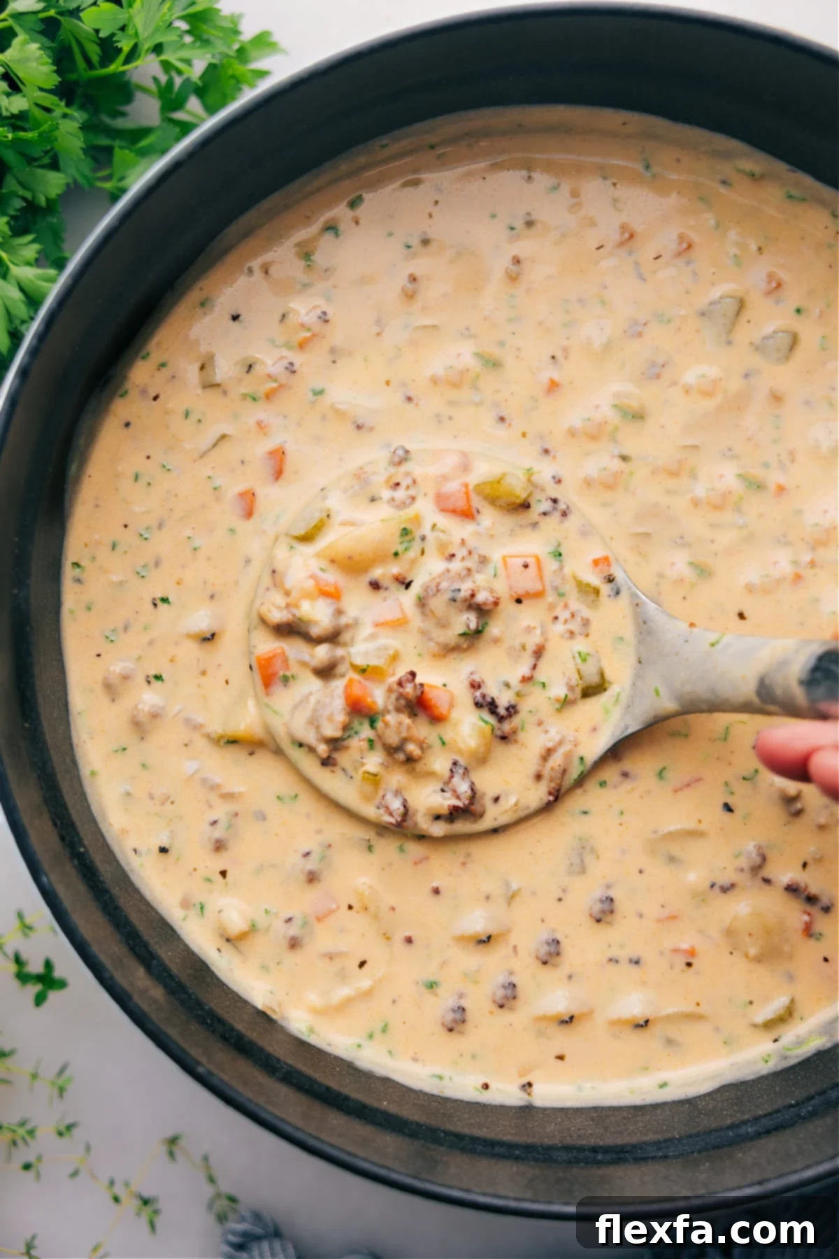 A steaming bowl of creamy Sausage Potato Soup, garnished with fresh parsley, ready to be enjoyed.