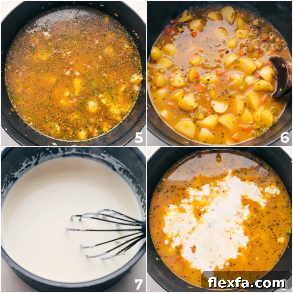 The process of adding rich broth and a velvety cream sauce to the savory mixture of sausage and vegetables, transforming it into a creamy and hearty Sausage Potato Soup.