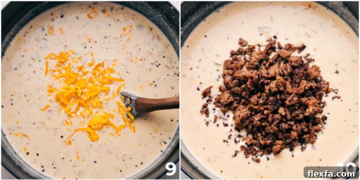 The moment of adding rich, shredded cheddar cheese and perfectly cooked Italian sausage back into the creamy potato soup base, stirring gently to combine flavors and achieve a smooth, indulgent texture.