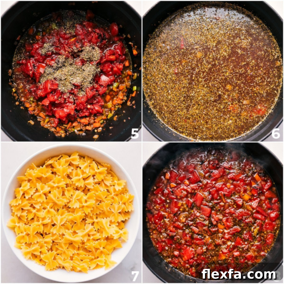 The process of making pasta soup: adding crushed tomatoes and beef broth, then allowing all the ingredients to simmer together to develop rich flavors.