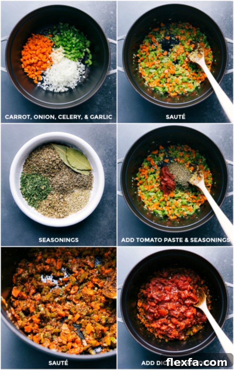 This one pot white bean and kale soup is loaded with nutritious ingredients. Recipe via chelseasmessyapron #vegan #vegetarian #tuscan #easy #best #healthy #stove #quick #whitebean #kale #soup Process shots-- images of the veggies being sautéed, seasonings being added, tomato paste, and diced tomatoes being added and everything being cooked