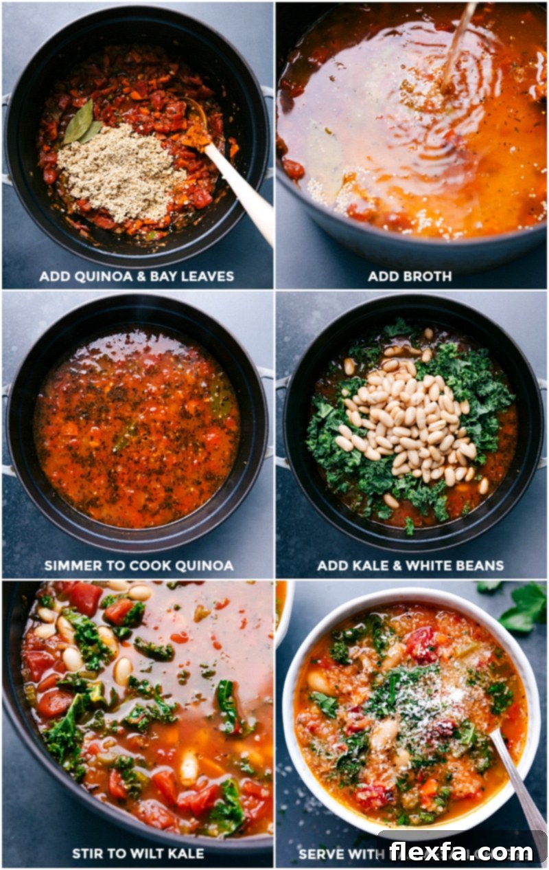 This vegetarian soup is hearty and packed with plant-based protein (quinoa & white beans), but you can add in some shredded, cooked chicken if desired. Recipe via chelseasmessyapron #vegan #vegetarian #tuscan #easy #best #healthy #stove #quick #whitebean #kale #soup Process shots--images of the quinoa, bay leaves, broth, beans, and kale being added and cooked over the stove top