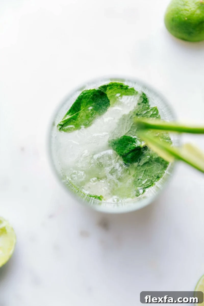 A refreshing virgin mojito topped with fresh mint leaves and a lime wedge, served in a tall glass.