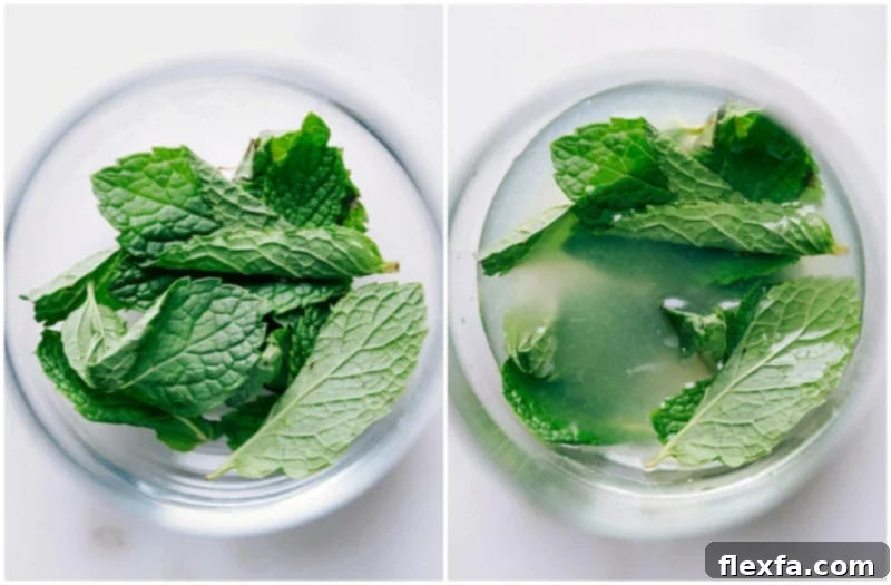 Fresh mint leaves being added to a glass for a virgin mojito recipe, enhancing its aroma and taste.