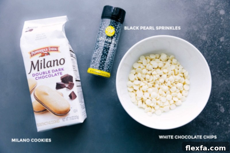 Milanos, sprinkles, and white chocolate chips laid out, ready to be used for creating adorable festive treats.