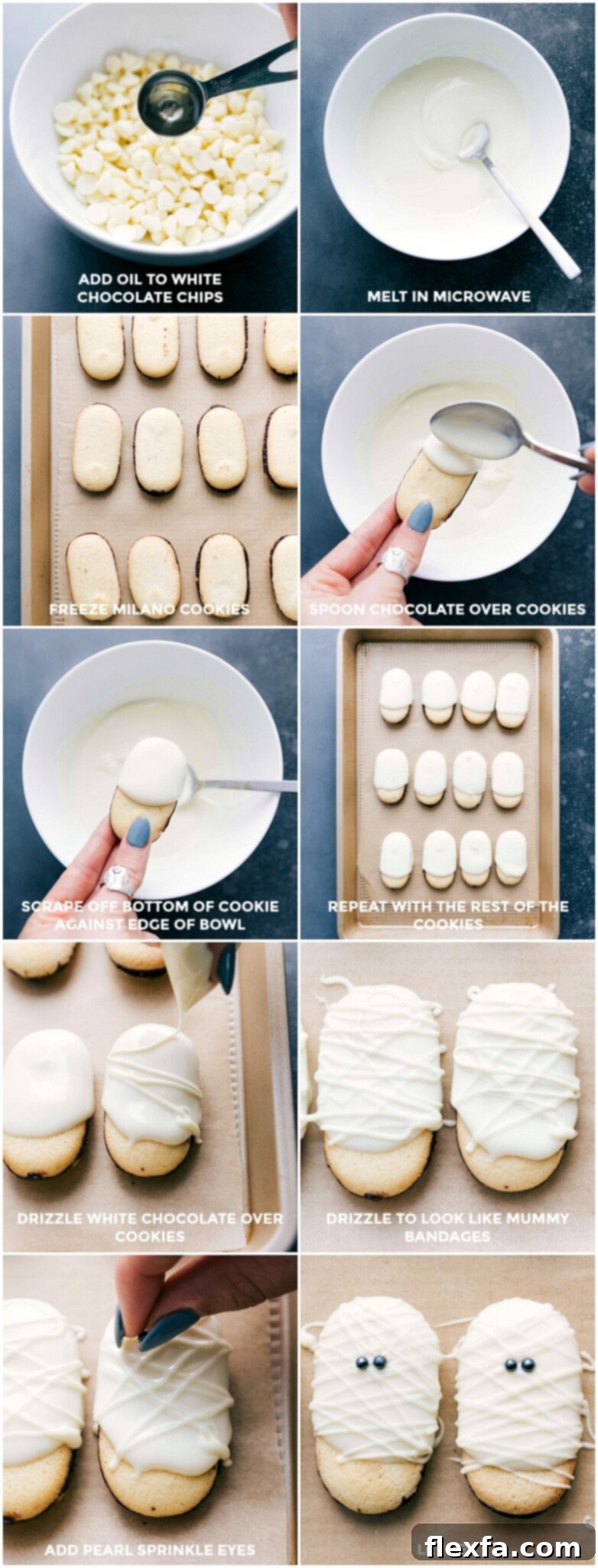 Process of melting white chocolate, freezing cookies, coating in white chocolate, adding sprinkle eyes, and piping white chocolate over everything for to create these halloween mummy cookies.