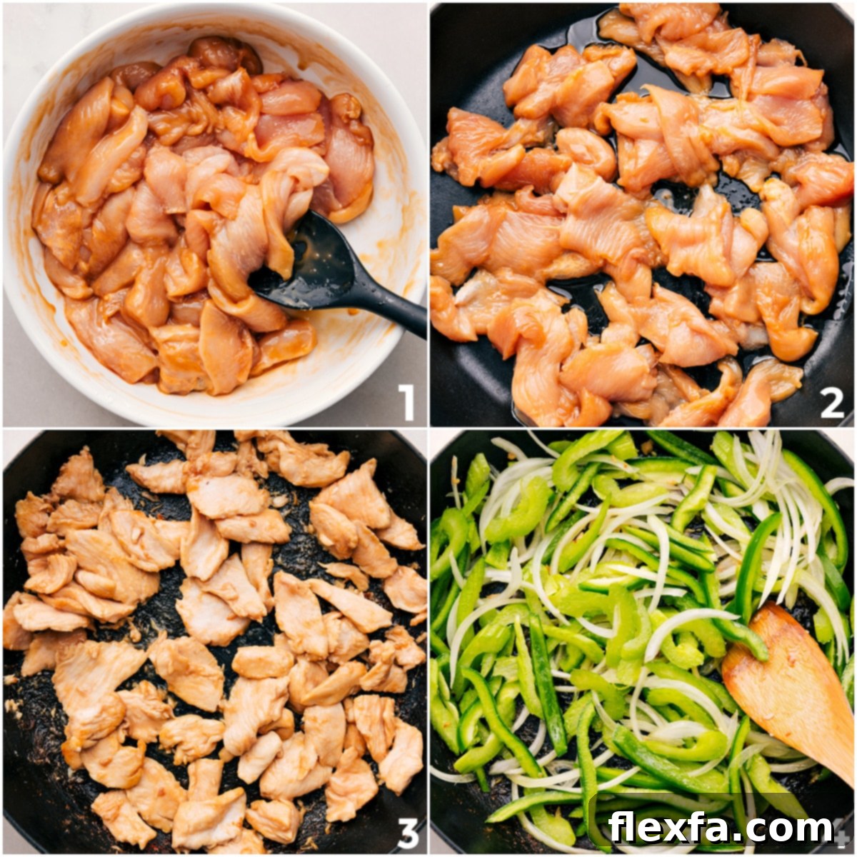 Chicken marinating in sauce, cooked chicken, and sautéed vegetables separately displayed before combining.