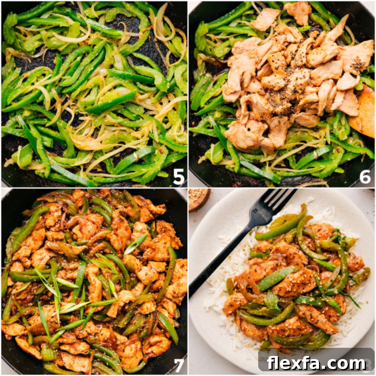 Cooked chicken and sautéed peppers combined in a skillet, then portioned onto a plate for serving.