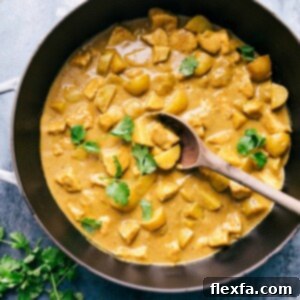 Finished Thai Yellow Chicken Curry in a creamy sauce with vegetables, delicious and ready to be served.