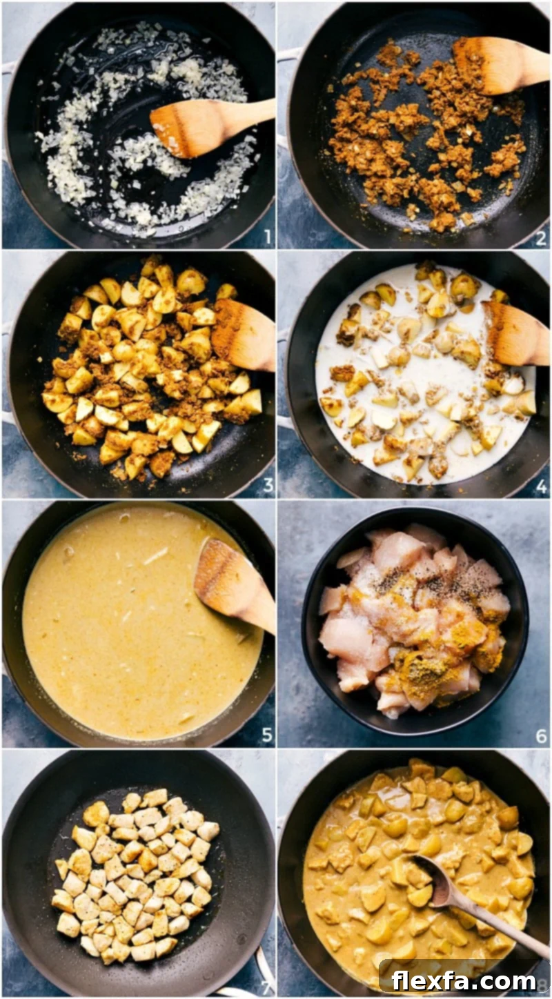 A visual guide showing the cooking progression: aromatic onions sautéing, spices being added, creamy coconut milk simmering with potatoes, and chicken searing in a separate pan.