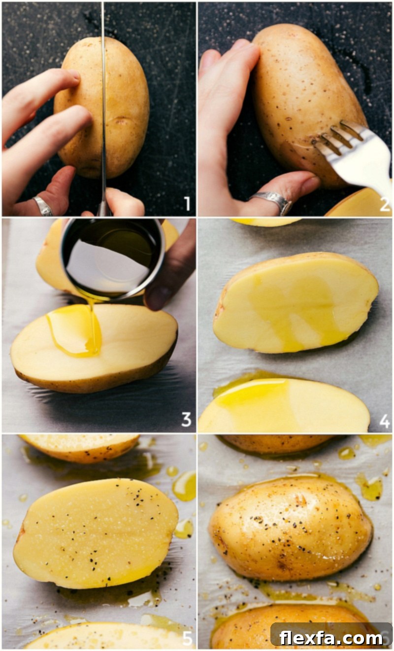 Achieving Baked Potato Perfection 2 Halved potatoes being prepared for baking with fork piercings, an oil rub, and a seasoning of salt and pepper, positioned cut-side-down on a baking pan.