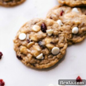 Freshly baked oatmeal cranberry cookies with white chocolate chips and dried cranberries, straight from the oven and ready to delight.