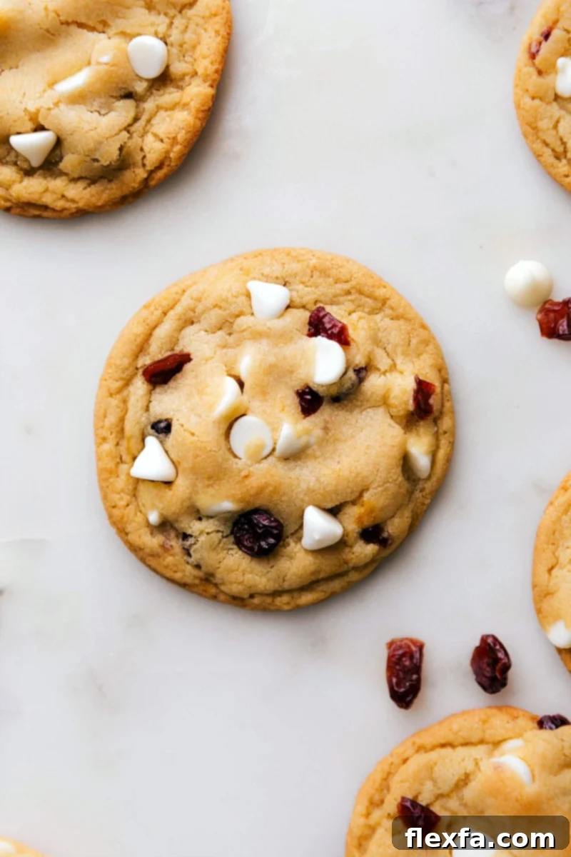 Deliciously Warm White Chocolate Cranberry Cookies - Freshly Baked and Ready to Enjoy A vibrant close-up of warm, freshly baked white chocolate cranberry cookies, displaying their golden edges and soft centers, with visible melted white chocolate and soft, tart cranberries. They are enticingly ready to be enjoyed.