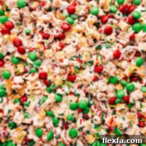 Christmas Snack Mix with white chocolate, pretzels, and M&Ms