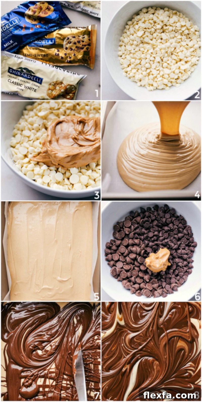 Ingredients for the tiger butter fudge recipe being melted and mixed in bowls, capturing the initial stages of creating the beautiful swirling pattern.