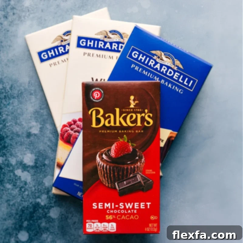 Selecting the Best Chocolate for a Perfect Glaze: Baking Bars and Melting Wafers Close-up of various high-quality chocolate bars and melting wafers suitable for dipping, indicating preferred brands for best results