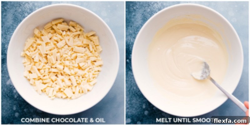 Achieving the Perfect Melt: The First Step to Flawless Chocolate Covered Oreos Process shot of white chocolate melting in a microwave-safe bowl, showing the smooth, creamy texture achieved through proper melting techniques