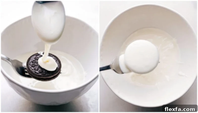 The Dipping Process: Achieving a Smooth and Even Chocolate Coat Process shot showing an Oreo cookie being carefully dipped into a bowl of smooth, melted chocolate using a fork