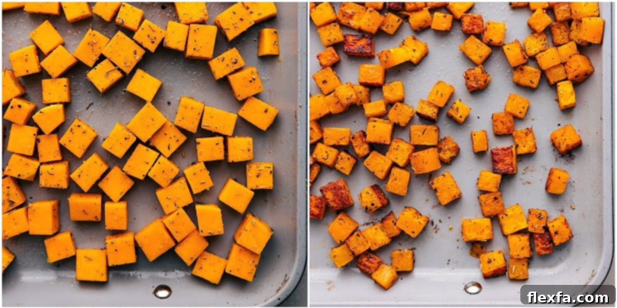 How To Roast Butternut Squash For Salads Diced butternut squash seasoned with olive oil, salt, and pepper, spread evenly on a large baking sheet, ready for roasting to tender perfection for the Thanksgiving salad.