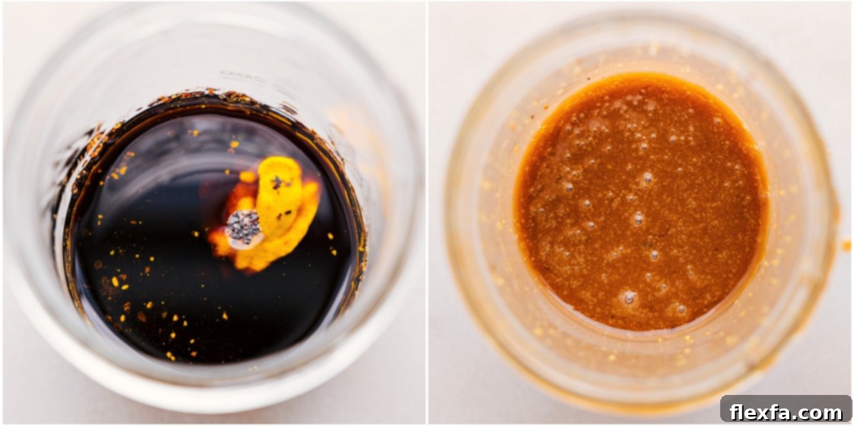 Homemade Balsamic Vinaigrette For Holiday Salads A mason jar filled with freshly made balsamic vinaigrette dressing, with layers of oil, vinegar, and seasonings visible before shaking. Ready to be mixed and drizzled over the Thanksgiving Salad.